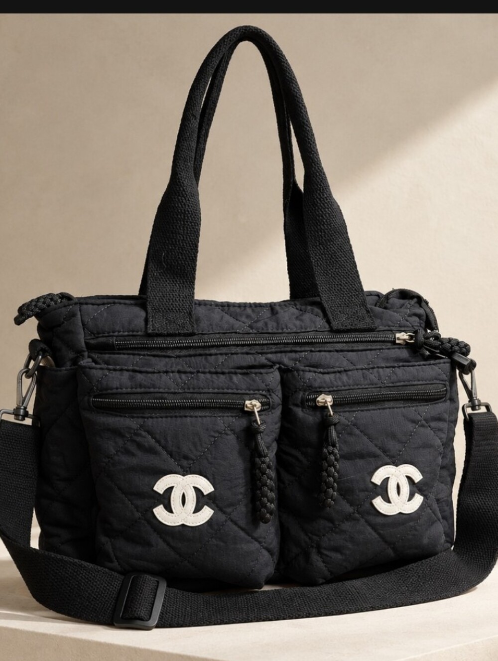 Black Quilted Logo-Accent Multi Pocket Tote Bag